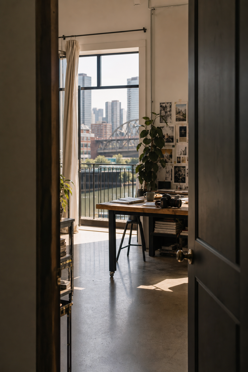 Open doorway into a creative studio with Nashville city texture beyond the window