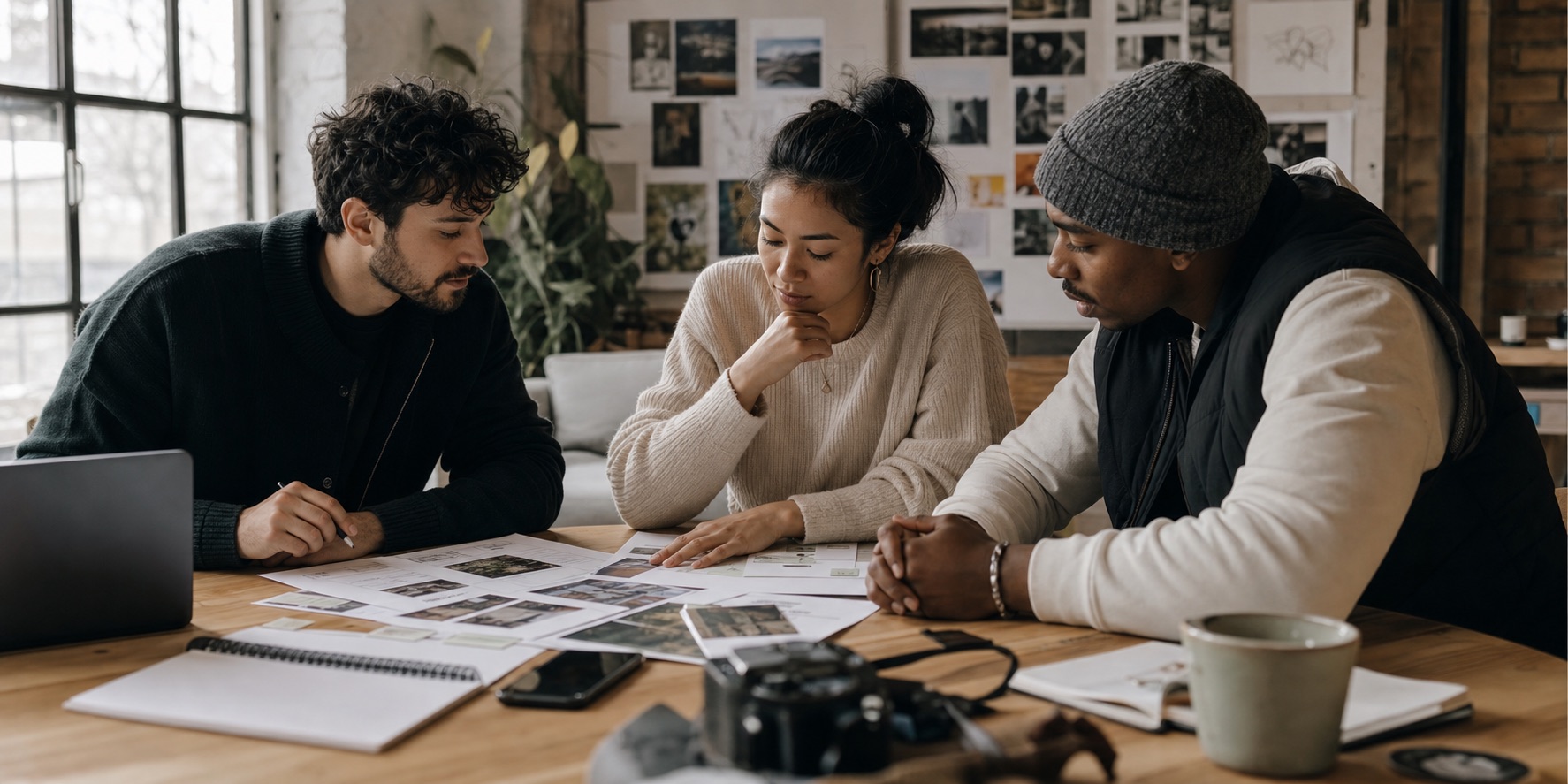 Creators reviewing storyboards, footage, and notes around a table