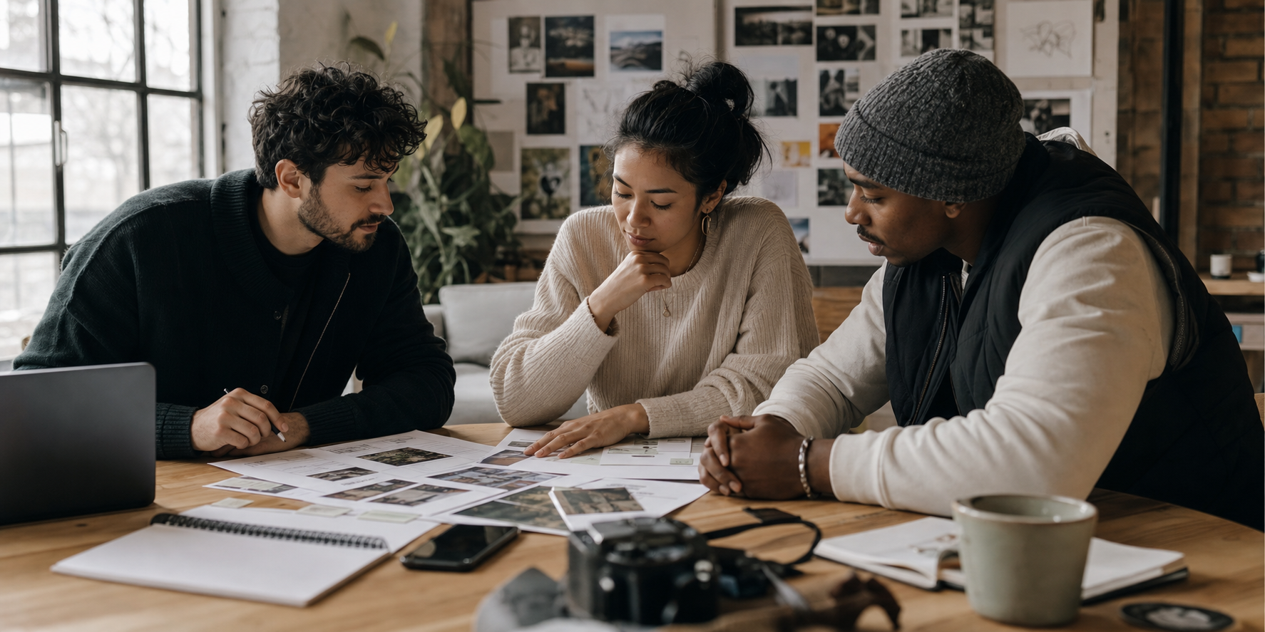 Creators reviewing storyboards, footage, and notes around a table